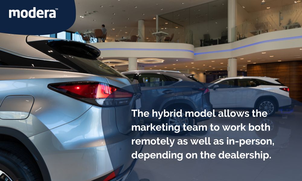 The hybrid model allows the marketing team to work both remotely as well as in-person, depending on the setup of a dealership.